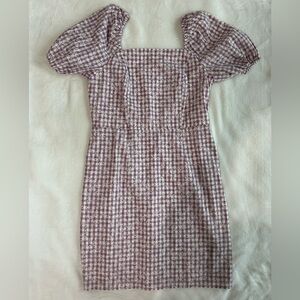 LOFT Checkered Puff Sleeve Mini Dress - Pink and White
